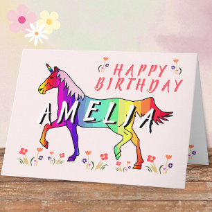 Carte Licorne Arc-en-Ciel Rose Fille Fleur Anniversaire