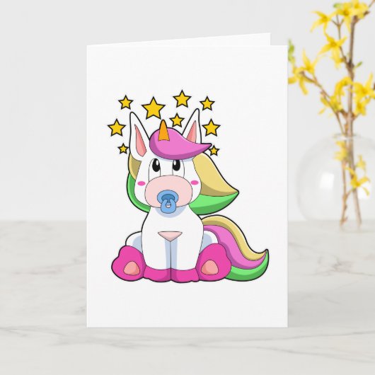Carte Licorne bébé avec tétine (Fleur jaune)