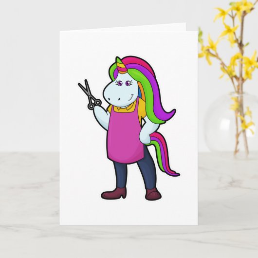 Carte Licorne coiffeuse avec ciseaux (Fleur jaune)