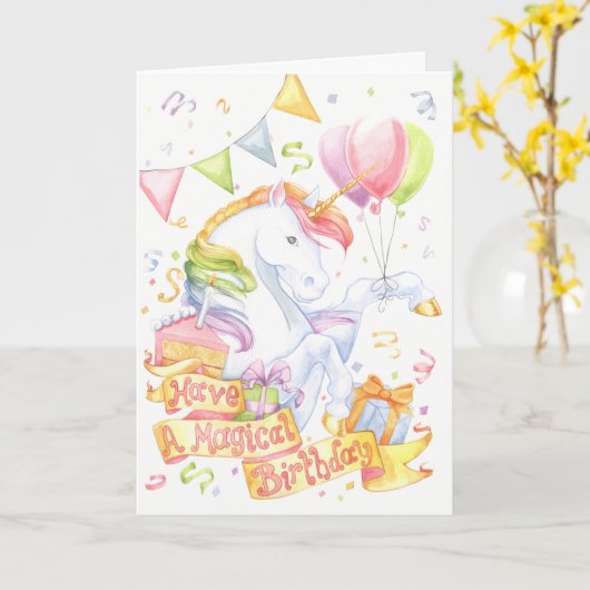 Carte Licorne d'anniversaire (Fleur jaune)