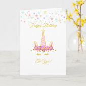 Carte Licorne d'anniversaire, étoiles et fleurs multicol (Fleur jaune)