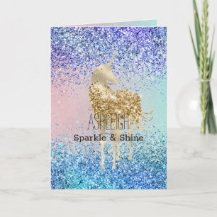 Carte Licorne dorée pailletée scintillante Aqua Violet