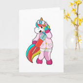 Carte Licorne en infirmière à la vaccination et seringue (Fleur jaune)