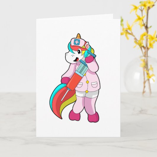 Carte Licorne en infirmière à la vaccination et seringue (Fleur jaune)