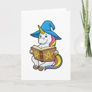 Carte Licorne en sorcier avec livre et chapeau