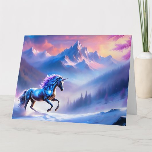 Carte Licorne noire dans un paysage hivernal rêveur (Devant)