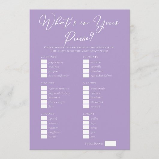 Carte Lilac Purple Purse Items Bridal Shower Game (Devant)