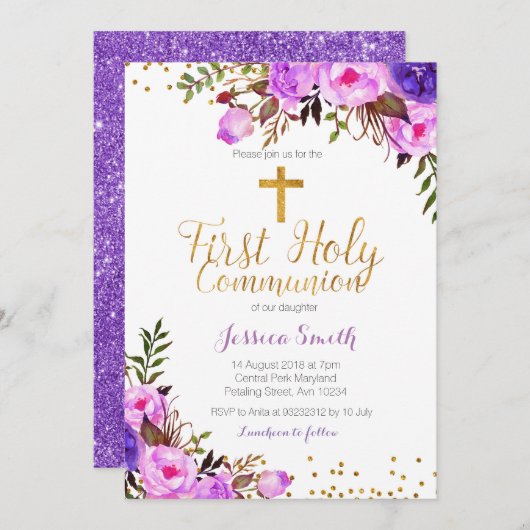 Carte lilas pourpre d'invitation de baptême de (Devant / Derrière)