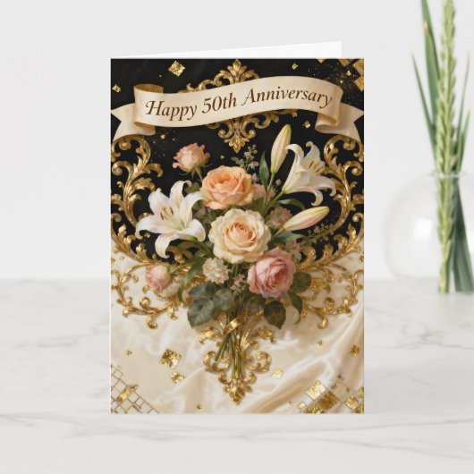 Carte Lilies Roses and Gold 50th Wedding Anniversary (Devant)