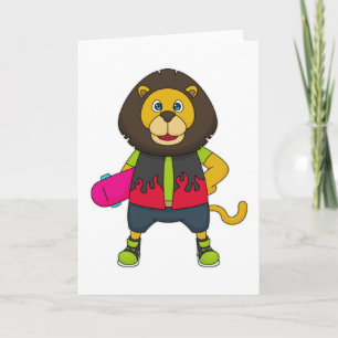 Carte Lion en patineur avec planche à roulettes
