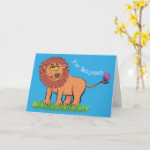 Carte Lion joyeux avec dessin animé de papillon (Fleur jaune)