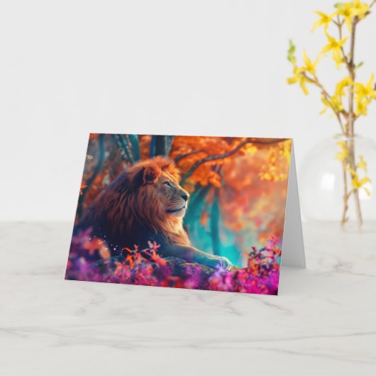 Carte Lion royal dans la conception forestière enchantée (Fleur jaune)