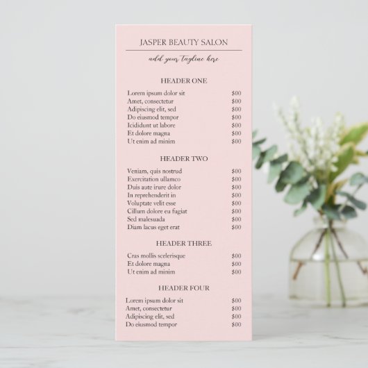 Carte Liste de prix simple rose Élégant Moderne (Debout devant)