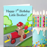 Carte Little Brother 1er anniversaire Teddy Bear Camion<br><div class="desc">Cet adorable ours en peluche, à bord d'un camion de pompier rouge vif et portant fièrement son tout premier casquette de pompier, fait le design parfait pour célébrer le jalon spécial de 1er anniversaire de votre petit frère.</div>