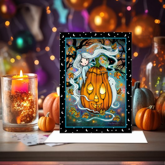Carte Little Ghost avec Giant Citrouille Cute Art