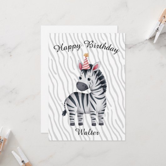 Carte Little Zebra birthday card for child (Devant/Arrière en situation)