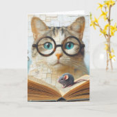 Carte Livre de lecture de chat avec souris (Fleur jaune)