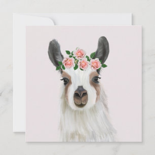 Carte Llama Fluffée Cute Avec Couronne Fleur Rose Rose