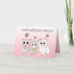 Carte Llama lunaire, chaton et souris Anniversaire