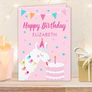 Carte Llama Nom personnalisé Rose Joyeux Anniversaire