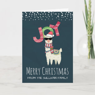 Carte Llama portant le chapeau de Père Noël et lunettes