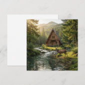 Carte Log Cabin, Stream, Mountains and Deer Nature Art (Devant / Derrière)