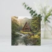 Carte Log Cabin, Stream, Mountains and Deer Nature Art (Debout devant)