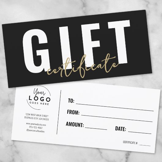 Carte Logo Black Gold Script Certificat cadeau d'entrepr