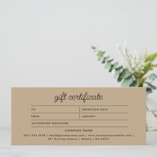 Carte Logo Boho Beige Script Modern Gift Certificate (Debout devant)