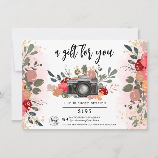 Carte logo cadeau de photographe floral or (Devant)