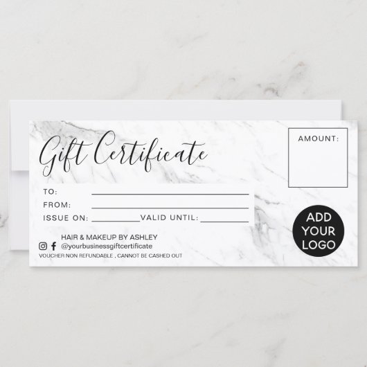 Carte Logo cadeau moderne en marbre blanc noir (Devant)
