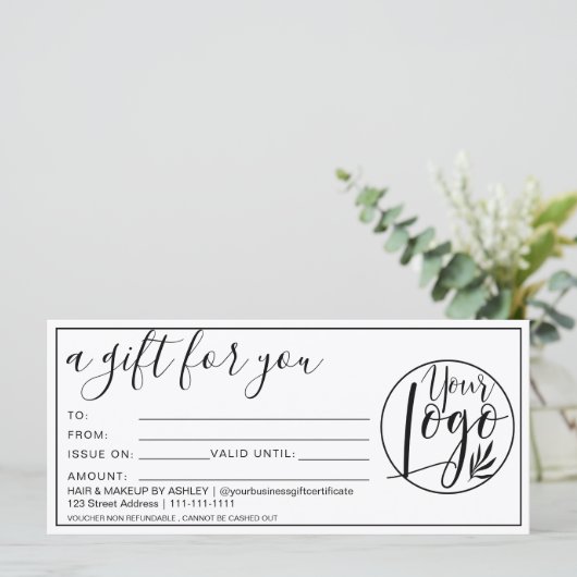 Carte Logo cadeau simple en noir blanc (Debout devant)