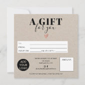 Carte Logo de certificat cadeau carré rustique kraft (Devant)