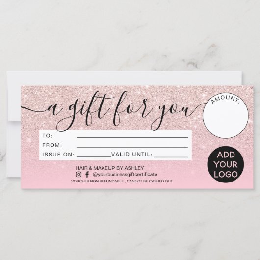 Carte Logo de certificat cadeau ombré paillettes rose gi (Devant)