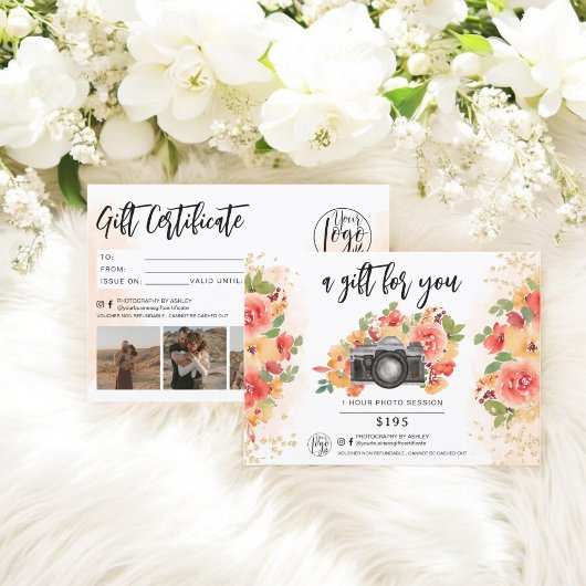 Carte logo de certificat cadeau or floral photographe