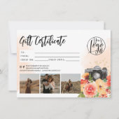 Carte logo de certificat cadeau or floral photographe (Dos)