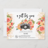 Carte logo de certificat cadeau or floral photographe (Devant)