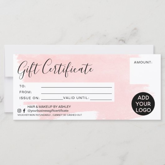 Carte Logo de certificat cadeau pour brosse rose pastel (Devant)
