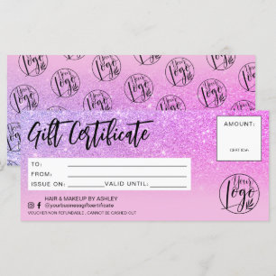 Carte Logo de certificat cadeau rose parties scintillant
