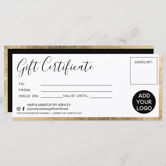 Carte Logo de certificat cadeau simple en feuille d'or (Devant / Derrière)