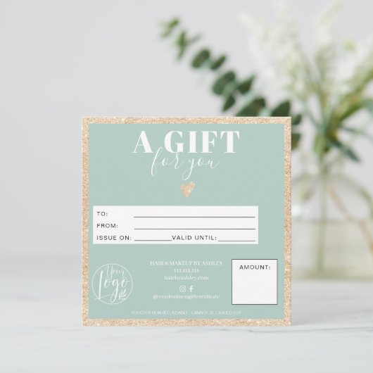 Carte Logo de certificat cadeau vert parties scintillant (Debout devant)