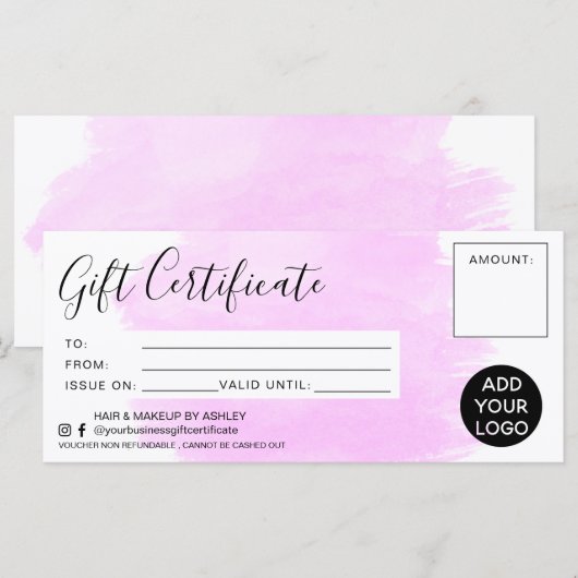 Carte Logo du certificat cadeau de brosse couleur rose p (Devant / Derrière)