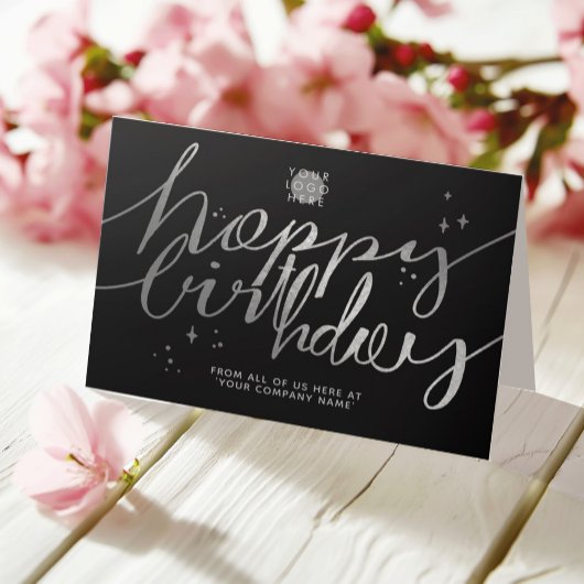 Carte Logo Faux Argent Script main Anniversaire Noir