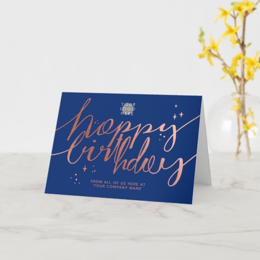 Carte Logo Faux Rose Gold Script Main Marine Blue Annive (Fleur jaune)