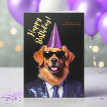 Carte Logo Fun Funny Golden Retriever Party Anniversaire<br><div class="desc">Faites des voeux d'anniversaire d'entreprise plus amusants avec ce modèle de carte d'anniversaire d'entreprise humoristique et élégant, avec un récupérateur doré souriant habillé pour l'occasion! Portant un casquette violet, un costume bleu foncé et des lunettes de soleil branchées, ce chiot dapper apporte joie et rire à chaque destinataire. Placé face...</div>