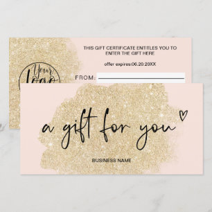 Carte logo parties scintillant or coeur rose certificat 