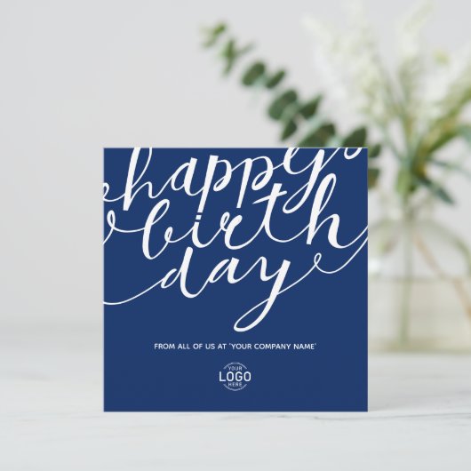 Carte Logo Simple Bleu Blancs Script Entreprise Annivers (Debout devant)