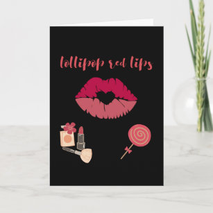 Carte Lollipop rouge lèvres. Bonbons de maquillage rouge