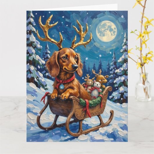 Carte Long-Haired Dachshund Reindeer Sleigh (Fleur jaune)