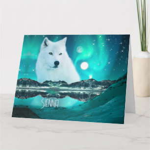 Carte Loup arctique et nuit magique avec aurores boréale